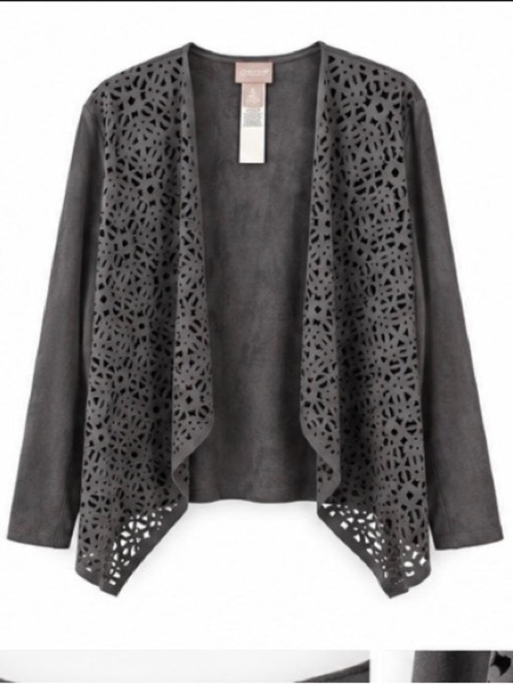 Chicoβs Size 2 Gray Faux Suede Laser Cut Open Front Cardigan Jacket